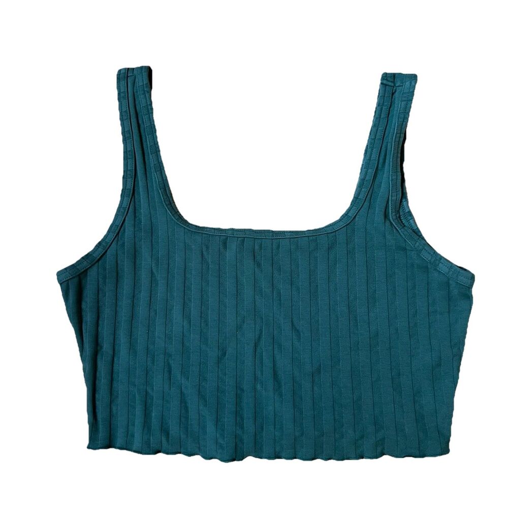 Aerie Green Scalloped Hem Tank Ribbed OG Groove Crop Top Square Neck Sz M